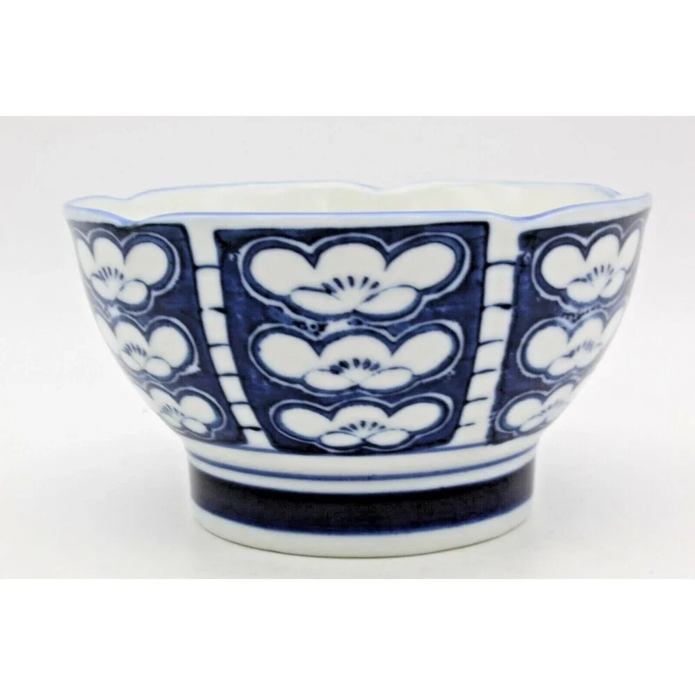Rice Bowls Ume Japanese Porcelain Set of 4 Blue White Plum Blossom Vintage